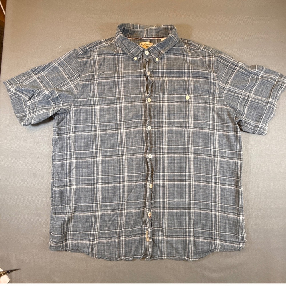 Weatherproof Vintage Mens XXL Blue Plaid Linen Cotton Short Sleeve Shirt 2302